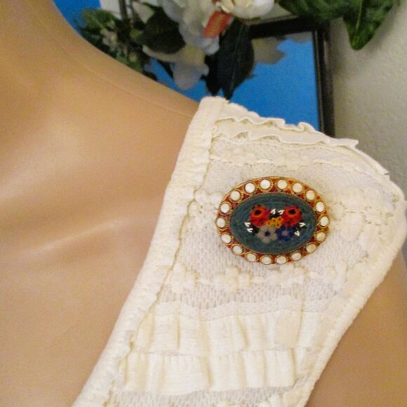 VINTAGE Italian Micromosaic Brooch: Floral Tesserae Tile Micro Mosaic Pin - Picture 10 of 14